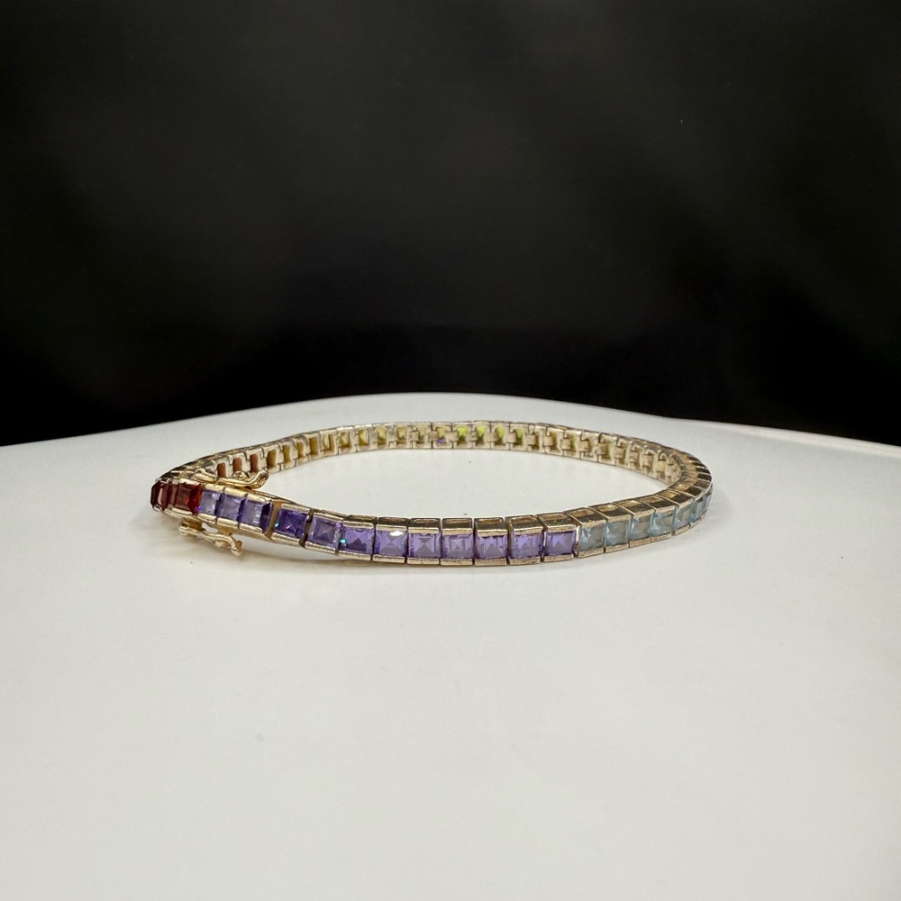 Vintage Sterling Silver Princess Cut Multi-Gemstone Tennis Bracelet